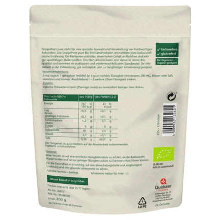 Abbildung der Produktverpackung Doppelherz pure Bio Flohsamenschalen Rückansicht